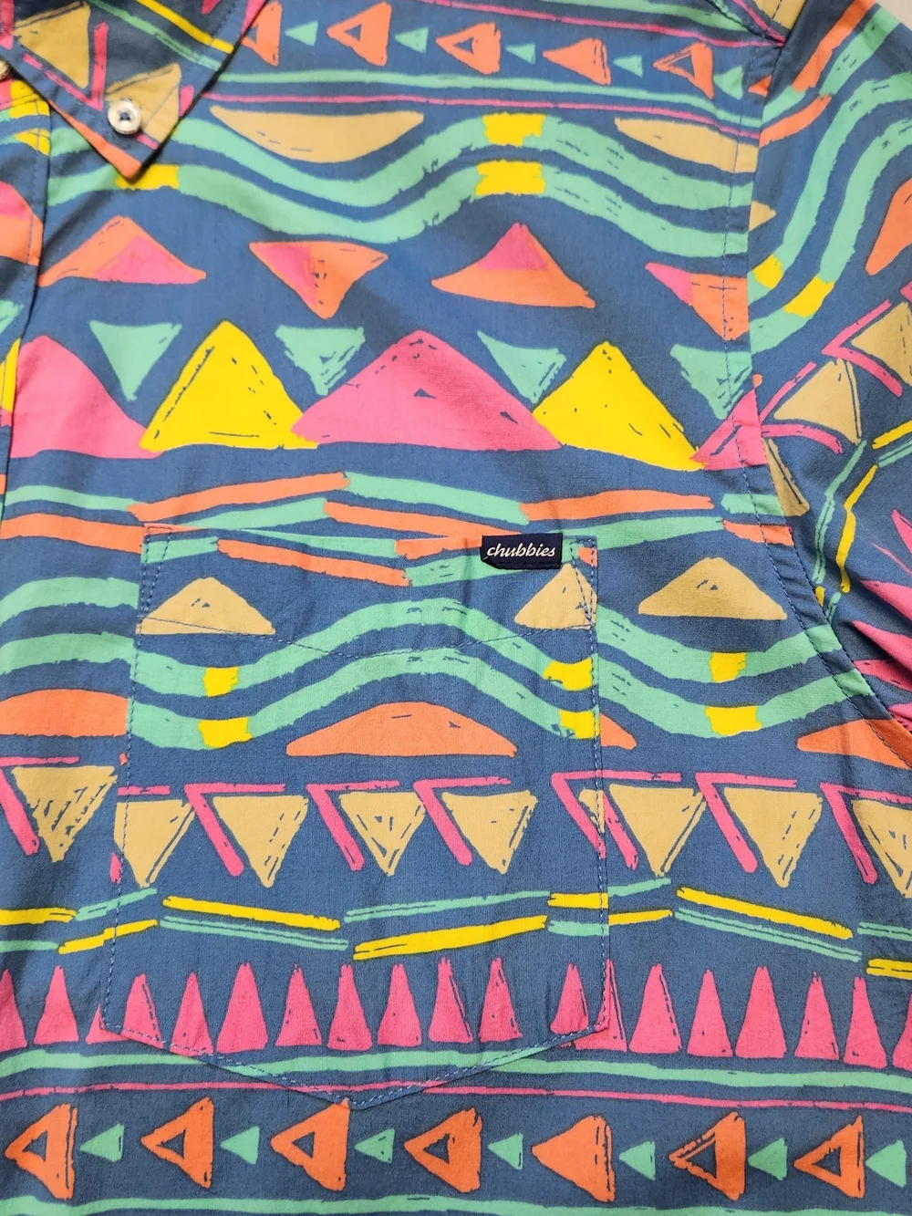 chubbies Men’s Vibrant Geometric Button-Down Shirt in Navy, Pink, Yellow & Teal - Picture 3 of 7